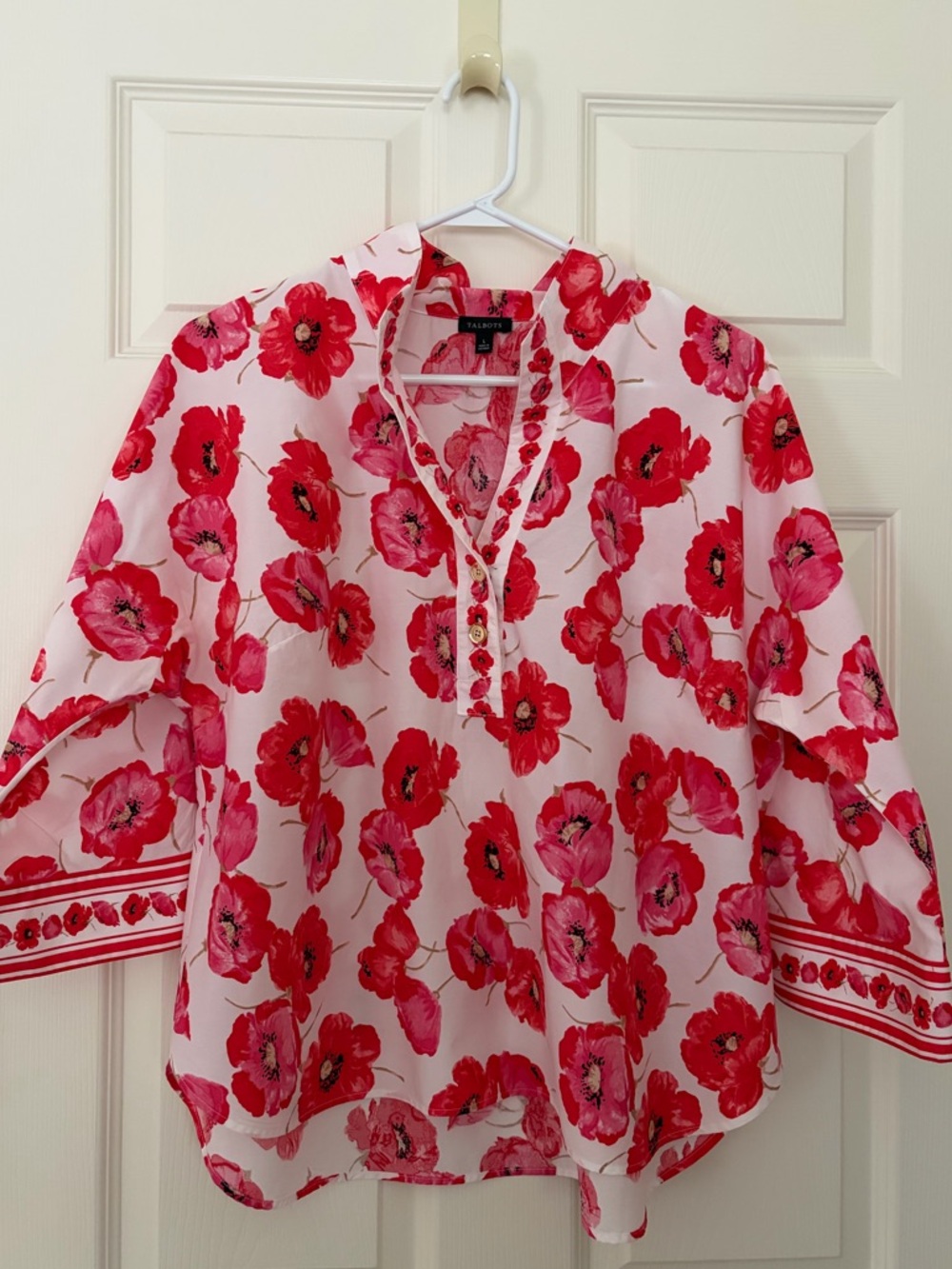 Talbots Red & Pink Floral Split V Tunic Blouse